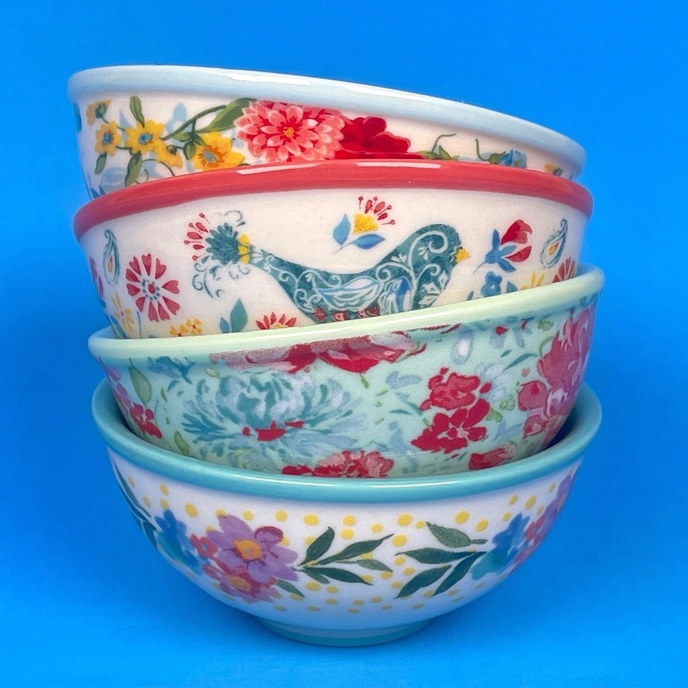 The Pioneer Woman Ramekin Bowl Set of 4 Multicolor Floral Bird Polka Dot Ceramic